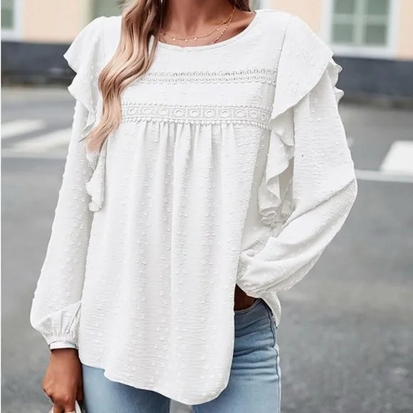 NWT Pretty White Ruffle, Long Sleeve Top - Picture 1 of 16